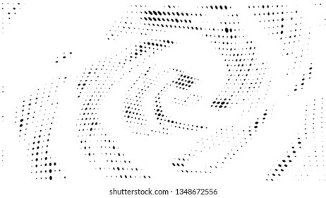 Halftone gradient pattern. Abstract halftone dots background. Monochrome dots pattern. Vector halftone texture. Radial twisted circle. Grunge texture. Pop Art, Comic small dots. Wave twisted dots.