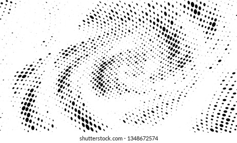 Halftone gradient pattern. Abstract halftone dots background. Monochrome dots pattern. Vector halftone texture. Radial twisted circle. Grunge texture. Pop Art, Comic small dots. Wave twisted dots.