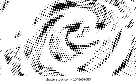 Halftone gradient pattern. Abstract halftone dots background. Monochrome dots pattern. Vector halftone texture. Radial twisted circle. Grunge texture. Pop Art, Comic small dots. Wave twisted dots.