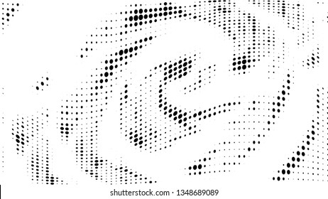 Halftone gradient pattern. Abstract halftone dots background. Monochrome dots pattern. Vector halftone texture. Radial twisted circle. Grunge texture. Pop Art, Comic small dots. Wave twisted dots.
