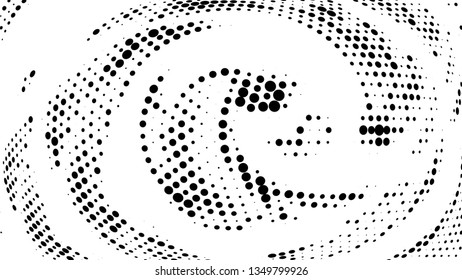 Halftone gradient pattern. Abstract halftone dots background. Monochrome dots pattern. Vector halftone texture. Radial twisted circle. Grunge texture. Pop Art, Comic small dots. Wave dots, 3D sphere