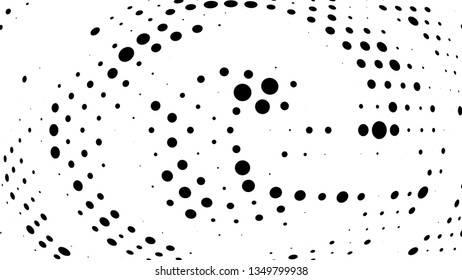 Halftone gradient pattern. Abstract halftone dots background. Monochrome dots pattern. Vector halftone texture. Radial twisted circle. Grunge texture. Pop Art, Comic small dots. Wave dots, 3D sphere