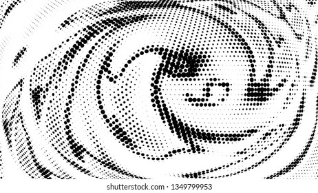 Halftone gradient pattern. Abstract halftone dots background. Monochrome dots pattern. Vector halftone texture. Radial twisted circle. Grunge texture. Pop Art, Comic small dots. Wave dots, 3D sphere