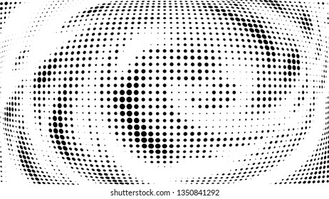 Halftone gradient pattern. Abstract halftone dots background. Monochrome dots pattern. Vector halftone texture. Radial twisted circle. Grunge texture. Pop Art, Comic small dots. Wave dots, 3D sphere