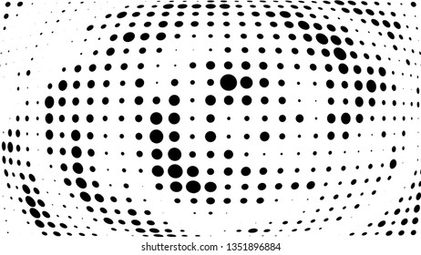 Halftone gradient pattern. Abstract halftone dots background. Monochrome dots pattern. Vector halftone texture. Radial twisted circle. Grunge texture. Pop Art, Comic small dots. Wave dots, 3D sphere