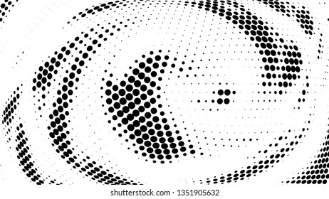 Halftone gradient pattern. Abstract halftone dots background. Monochrome dots pattern. Vector halftone texture. Radial twisted circle. Grunge texture. Pop Art, Comic small dots. Wave dots, 3D sphere