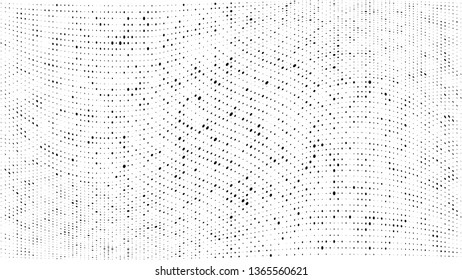 Halftone gradient pattern. Abstract halftone dots background. Monochrome dots pattern. Grunge dirty texture. Vector halftone texture. Wave twisted dots. Pop Art, Comic small dots. Design elements