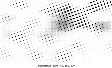 Halftone gradient pattern. Abstract halftone dots background. Monochrome dots pattern. Vector halftone texture. Grunge texture. Pop Art, Comic small dots. Wave twisted dots. Template for cover, banner