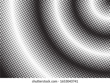 Halftone gradient pattern. Abstract halftone dots background. Monochrome dots pattern. Pop Art, Comic small dots. Wavy twisted strip. Banner with space. Design for presentation, report, flyer, card