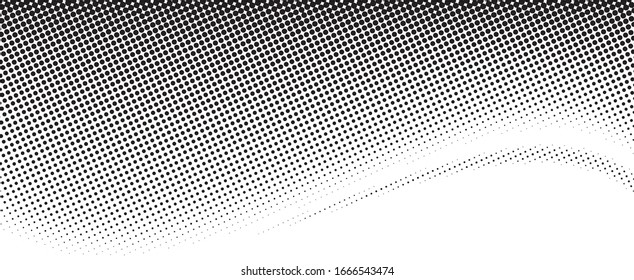 Halftone gradient pattern. Abstract halftone dots background. Monochrome dots pattern. Pop Art, Comic small dots. Wavy twisted strip. Banner with space. Design for presentation, report, flyer, card