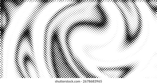 Padrão de gradiente de meio-tom. Fundo de pontos de meio-tom abstrato. Padrão de pontos monocromáticos. Textura de meio-tom vetorial. Círculo torcido radial. Textura grunge. Pop Art, cômicos pontos pequenos. Onda pontos torcidos.