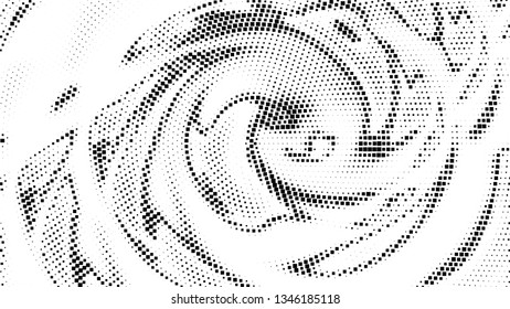 Halftone gradient pattern. Abstract halftone square background. Monochrome dots pattern. Vector halftone texture. Radial twisted circle. Grunge texture. Pop Art, Comic small dots. Wave twisted dots.
