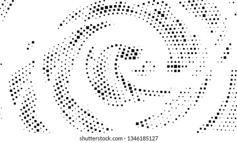 Halftone gradient pattern. Abstract halftone square background. Monochrome dots pattern. Vector halftone texture. Radial twisted circle. Grunge texture. Pop Art, Comic small dots. Wave twisted dots.