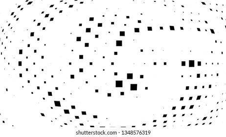 Halftone gradient pattern. Abstract halftone square background. Monochrome dots pattern. Vector halftone texture. Radial twisted circle. Grunge texture. Pop Art, Comic small dots. Wave twisted dots.