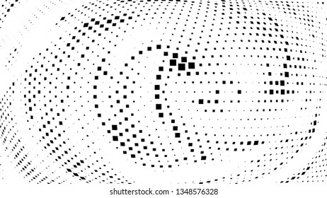 Halftone gradient pattern. Abstract halftone square background. Monochrome dots pattern. Vector halftone texture. Radial twisted circle. Grunge texture. Pop Art, Comic small dots. Wave twisted dots.