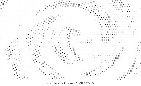 Halftone gradient pattern. Abstract halftone square background. Gray square dots pattern. Vector halftone texture. Radial twisted circle. Grunge texture. Pop Art, Comic small dots. Wave twisted dots.