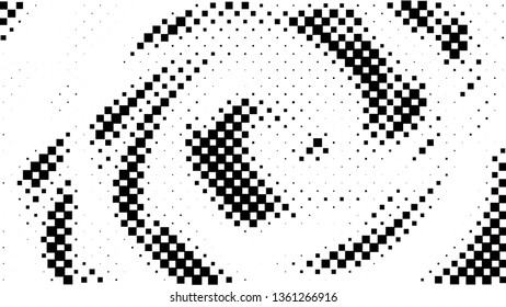 Halftone gradient pattern. Abstract halftone square background. Monochrome square pattern. Vector halftone texture. Radial twisted circle. Grunge texture. Pop Art, Comic small dots. Wave twisted dots.