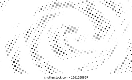 Halftone gradient pattern. Abstract halftone square background. Gray square dots pattern. Vector halftone texture. Radial twisted circle. Grunge texture. Pop Art, Comic small dots. Wave twisted dots.