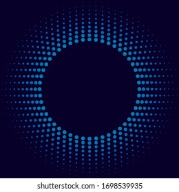 Halftone gradient pattern. Colorful dot texture, round halftone ornament for your design. Abstract neon dark blue background. Vector illustration