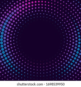 Halftone gradient pattern. Colorful dot texture, round halftone ornament for your design. Abstract neon dark blue background. Vector illustration