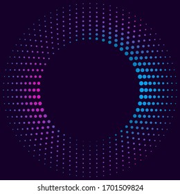 Halftone gradient pattern. Colorful dot texture, round halftone ornament for your design. Abstract neon dark blue background. Vector illustration