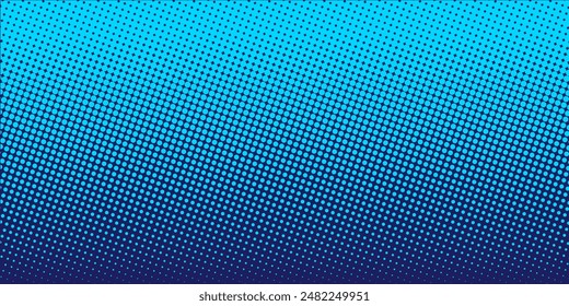 Halftone gradient pattern vertical vector illustration. Blue dotted halftone texture. Pop Art light blue dots halftone, dark blue Background. Background of Art.