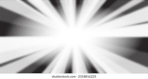 Halftone gradient radial pattern. Abstract halftone dots background. Monochrome dots pattern. Pop Art, Comic small dots. Banner with space. Design for presentation, report, flyer, card.