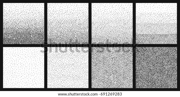 Halftone gradient with random dots.\
Abstract monochrome pointillist, speckled background set. Texture\
with randomly disposed spots. Vector\
illustration.