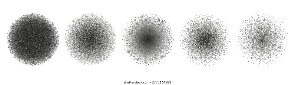 Halftone gradient round shapes, circles graphic design elements with noise grains from dark to light. Vector speckling crop circlets. Grainy spots with dotwork stipple effect for tattoo