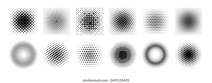 Gradiente de meio-tom definido. Padrões redondos e quadrados texturizados pontilhados. Coleção de fundo esmaecida do desenho animado. Pacote de elementos de bitmap pixelizado para quadro, cartaz, colagem, faixa. Pacote cômico vetorial