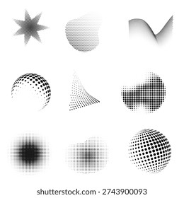 Halftone Gradient Shapes. Abstract 3D Vector. Mesh Dot Elements. Modern Graphic Design. Futuristic Pattern Pack.