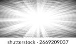 Halftone gradient sun rays pattern. Abstract halftone color dots background. Red pop art, comic small dots. star rays halftone poster. shine, explosion