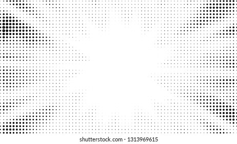 Halftone gradient sun rays pattern. Abstract halftone dots background. Monochrome dots pattern. Pop Art, Comic small dots. Star rays halftone poster. Shine, explosion. Outer space, rays twisted vector