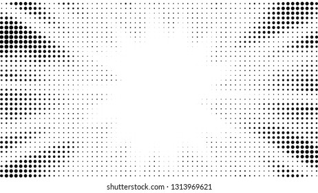 Halftone gradient sun rays pattern. Abstract halftone dots background. Monochrome dots pattern. Pop Art, Comic small dots. Star rays halftone poster. Shine, explosion. Outer space, rays twisted vector