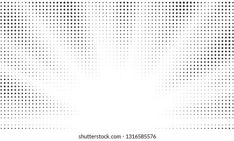 Halftone gradient sun rays pattern. Abstract halftone vector dots background. Monochrome dots pattern. Pop Art, Comic small dots. Star rays halftone poster. Shine, explosion. Outer space, sunrise rays