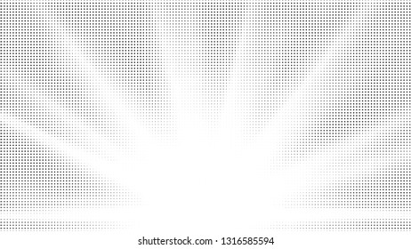 Halftone gradient sun rays pattern. Abstract halftone vector dots background. Monochrome dots pattern. Pop Art, Comic small dots. Star rays halftone poster. Shine, explosion. Outer space, sunrise rays