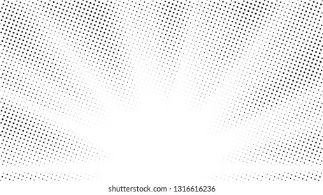 Halftone gradient sun rays pattern. Abstract halftone vector dots background. Monochrome dots pattern. Pop Art, Comic small dots. Star rays halftone poster. Shine, explosion. Outer space, sunrise rays