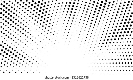 Halftone gradient sun rays pattern. Abstract halftone vector dots background. Monochrome dots pattern. Pop Art, Comic small dots. Star rays radial halftone poster. Shine explosion. Space, sunrise rays