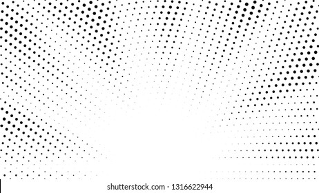 Halftone gradient sun rays pattern. Abstract halftone vector dots background. Monochrome dots pattern. Pop Art, Comic small dots. Star rays radial halftone poster. Shine explosion. Space, sunrise rays