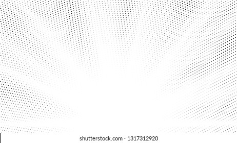 Halftone gradient sun rays pattern. Abstract halftone vector dots background. Summer dots pattern. Pop Art, Comic small dots. Star rays radial halftone poster. Shine explosion. Space, sunrise rays