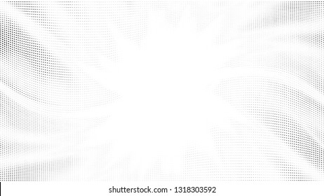 Halftone gradient sun rays pattern. Abstract halftone dots background. Monochrome dots pattern. Pop Art, Comic small dots. Star rays halftone poster. Shine, explosion. Wave space, rays twisted vector