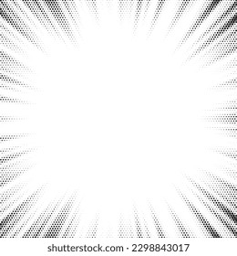 Halftone gradient sun rays pattern. Abstract halftone vector dots background. Monochrome dots pattern. Pop Art, Comic small dots. Star rays halftone poster. Shine, explosion. Outer space, sunrise rays
