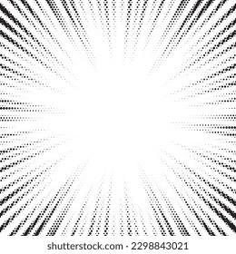 Halftone gradient sun rays pattern. Abstract halftone vector dots background. Monochrome dots pattern. Pop Art, Comic small dots. Star rays halftone poster. Shine, explosion. Outer space, sunrise rays