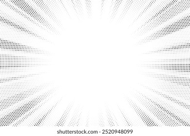 Halftone gradient sun rays pattern. Abstract halftone color dots background. Red pop art, comic small dots. star rays halftone poster. shine, explosion. sunrise rays background.