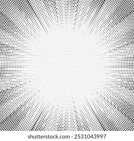 Halftone gradient sun rays pattern. Abstract halftone color dots background. Red pop art, comic small dots. star rays halftone poster. shine, explosion. sunrise rays background.