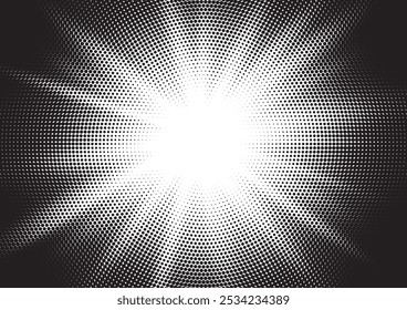 Halftone gradient sun rays pattern. Abstract halftone color dots background. Red pop art, comic small dots. star rays halftone poster. shine, explosion. sunrise rays background.