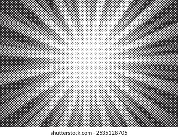 Motif de rayons du soleil dégradé de demi-teintes. arrière-plan Abstrait à points de couleur demi-teinte. Pop art rouge, petites points comiques. affiche en demi-teinte étoile. brillance, explosion. arrière-plan soleil levant rayons.