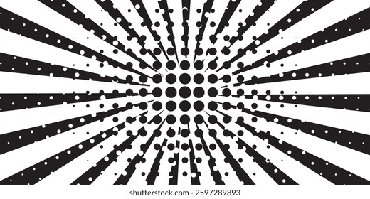 Halftone gradient sun rays pattern. Abstract halftone vector dot background. Monochrome dot pattern. Vector background in comic book style with sun rays and halftone.