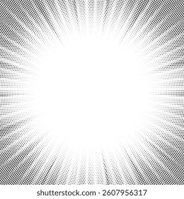 Halftone gradient sun rays pattern. Abstract halftone vector dots background. monochrome dots pattern. Vector background in comic book style with sunburst rays and halftone. Retro pop art design.