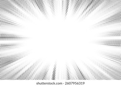 Halftone gradient sun rays pattern. Abstract halftone vector dots background. monochrome dots pattern. Vector background in comic book style with sunburst rays and halftone. Retro pop art design.
